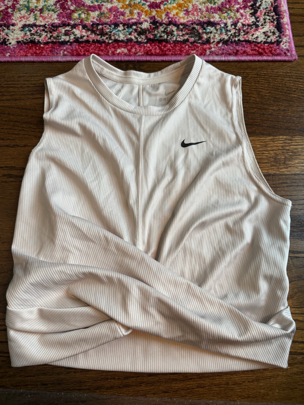 Nike Women’s Cream Ribbed Sleeveless Long-Sleeve Look Top with Black Swoosh